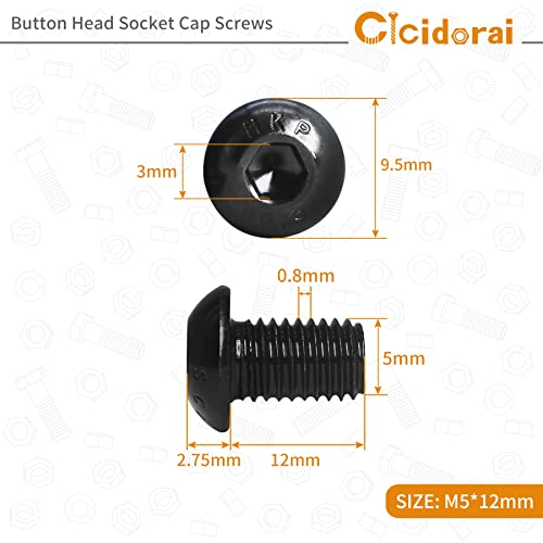Cicidorai M5-Болтове с щепсел за главата на бутона 0,8 x 12 mm Винтове от легирана стомана марка 10,9 покритие от черен оксид, Машинна