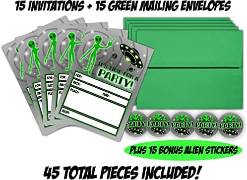 Покани за парти извънземни от космоса от Джипси Jade - Големи покани на чужденци с размер 5 х 7 инча - 15 Покани + 15 зелени пликове +