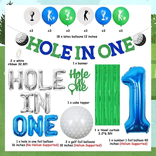 Украса за голф на 1-ви Рожден Ден - Банер с дупка в единия и в цилиндър за торта, балон номер 1, Балони балони за топките за голф, Мишурный