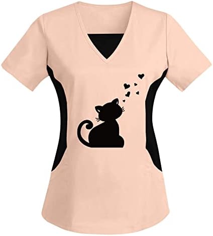 Ризи за Жени Случайни Годишната Жена Топ Размера на Плюс С V Образно Деколте и Къси Ръкави, Тениска с Принтом Котки, Блуза С Дълъг Ръкав