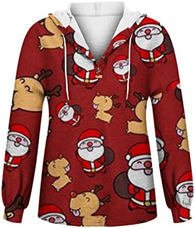 Ruziyoog Дамски Ризи Хенли с Дълъг ръкав, Блузи с качулка, копчета и V-образно деколте, Коледни Модни Блузи С Принтом, Пуловер