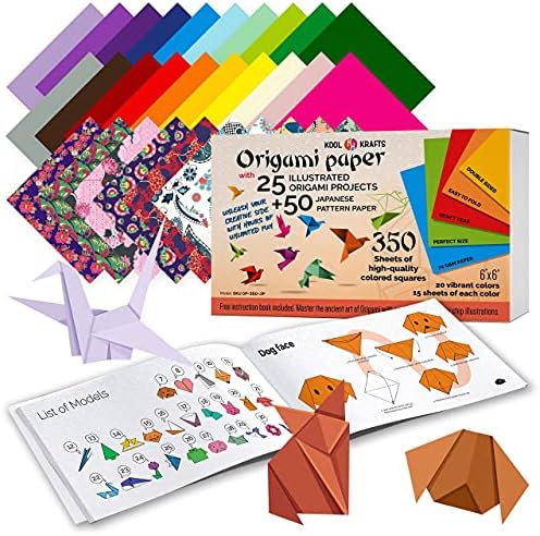 Хартия за Оригами | 350 листа хартия за Оригами | Комплект включва - 300 Листа от 20 цвята 6x6 | 50 Традиционни японски шарки | Книга