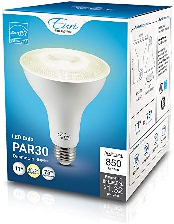 Euri Lighting EP30-11W6040e led лампа с регулируема яркост PAR30 с дълго гърло, 11 W (еквивалент на 75 W) 850лм, 80 CRI, ярко бяла