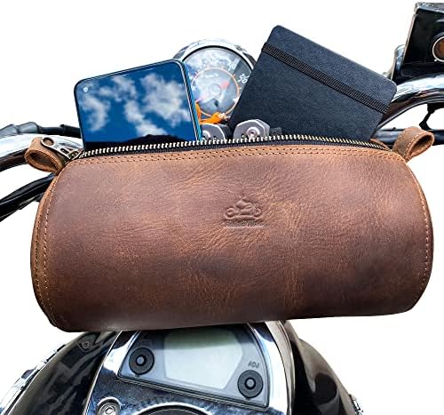 Hide & Ride, Чанта за инструменти в селски стил за мотоциклет Ръчна изработка от естествена кожа - Чанта на волана за колоездачи с регулиращи се презрамки, Чанта за мотор