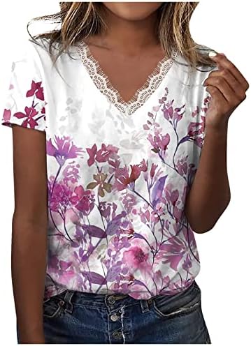 Летни Тениски с Флорални Принтом за Жени, Възли на една Кука Дантелени Блузи с V-образно деколте, Блуза, с Къс Ръкав, Свободна