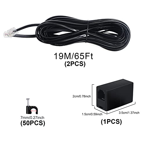 (2+1+50 Опаковката) 2 ЕЛЕМЕНТА 65-крак Плосък Телефонен кабел със Стандартен конектор Rj11 и 1 вграден трапецеидальным жак 6P4C и 50