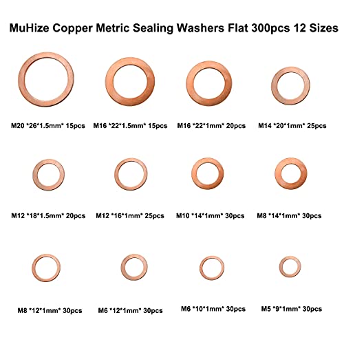 Гама от медни шайби MuHize 300ШТ - 12 размери, Определени от медни трасета, за запечатване на медни шайби (новост 2023 г.), размер (M5