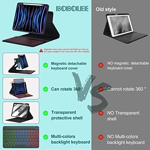 Клавиатура BOBOLEE Case за iPad 10,2 , 10,9 и 11, Безжична Свалящ се BT-клавиатура с подсветка в 7 цвята, Тънка корица-фолио с притежателя