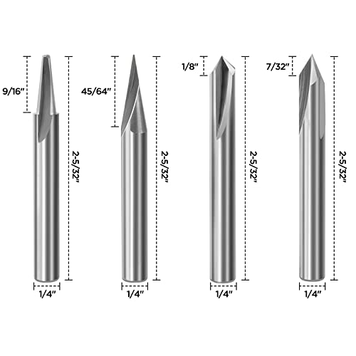 Комплект фрезоване бита за гравиране MNA с ЦПУ за дърво, 4 бр., на опашка 1/4 , твърдосплавен 15 ° и 20 ° 60° 90° V-образна бразда.