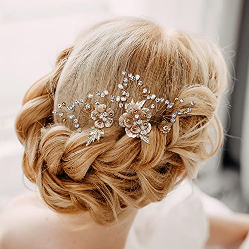 AW BRIDAL сватбена гребен за коса с перлата на цветя, сватбени накити за косата на булката, аксесоари за коса, сватбени щипки за гребен за коса (злато)