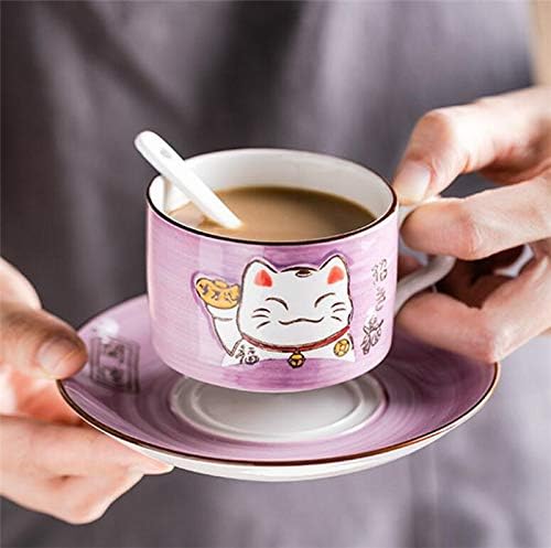 EatingBiting 5 Цвята Ръчно изработени Лъки Cat Maneki Neko Керамични Чаши Чай, Чаши, Лъжица за готвене с 3 бр. (лилаво)
