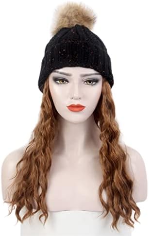 Модерна дамска шапка за коса SCDZS, една черна вязаная шапка, перука, дълга къдрава кафява перука и една шапка
