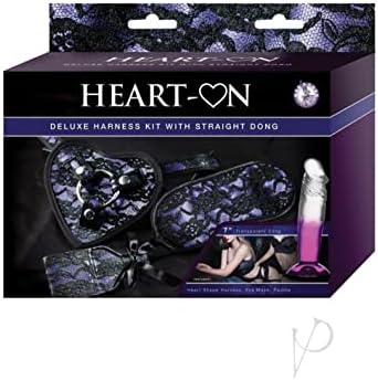 Луксозен комплект колан Heart On с пряк 7-инчов донгом, включва превръзка на очите и лопатката, лилаво / Прозрачен