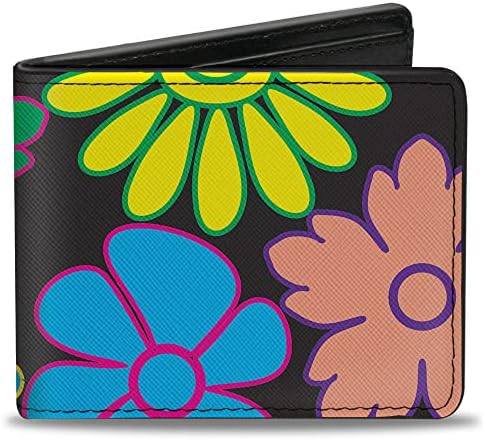 Двойна портфейл от изкуствена кожа с катарама - Цветя, Черен / Многоцветен