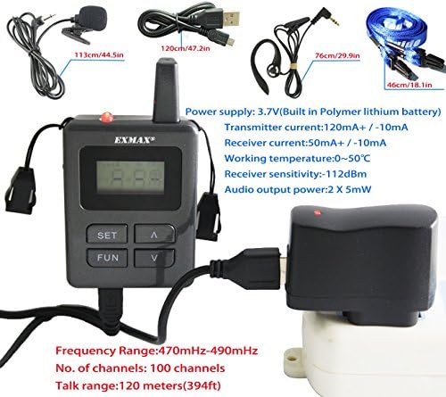 Безжични слушалки за превод EXMAX ELGT-UHF 470, 100 канала от един до няколко, Акустична система за църквата, обучение, пътуване,