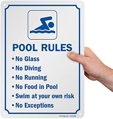 SmartSign 14 x 10 инча Правилата на басейна - без стъкло, без плуване, Без тичане ... Метална Табела със Сито Печат, 40-мм Ламиниран