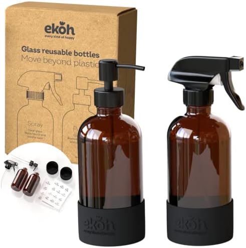 EKOH Празни бутилки от тъмно стъкло 2 опаковки с спрей и помпа-дозатор за Еднократна употреба в 16 грама - Кръгли бутилки Boston