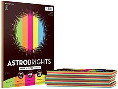 Цветна хартия Astrobrights, 8,5 x 11, 24 кг / 89 гориво, Glow, 5 цвята в асортимент, 5 отделни опаковки по 100 листа в асортимент