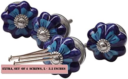 Предложения abhandicrafts за днес - Комплект от 4 Расписанных ръчно Сини Керамични Дръжки във формата на Тиква с цветен Печат Дръжки