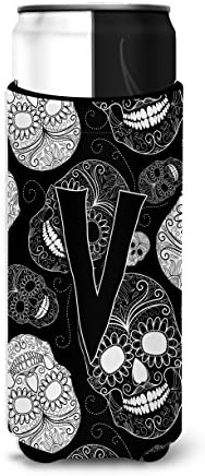 Carolin's Treasures CJ2008-VMUK Letter V Day of The Dead Skulls Black Ултра-Обнималка за тънки кутии, Калъф за охлаждане на консерви, може