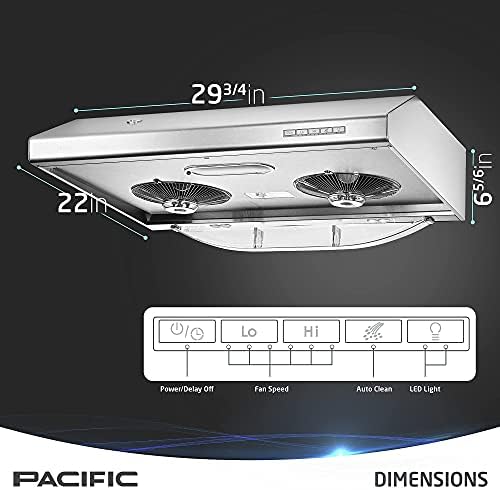 Аспиратор Pacific Кухня Vent Hood AC30BS – 30-Инчов аспиратор под шкаф – Модерен абсорбатор от неръждаема стомана, без филтри