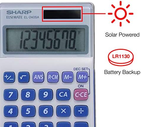 Sharp ХО EL240SB 8-цифрен калкулатор с въртящ дисплей на слънчева батерия, Бял, 2 3/4 x 4 1/2 (EL240SAB)