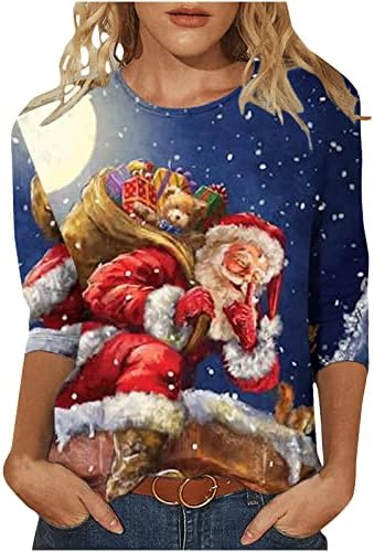 Коледни Блузи за Жени, Тениски с Изображение на Дядо Коледа и Снежен човек Туника с 3/4 ръкав, Модни Пуловери за Момичета