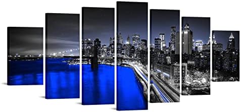LevvArts Много Голям Ню Йорк, с монтиран на стената Платно с изображение на Бруклинския мост с Нощен изглед, Модерен черно-синьо
