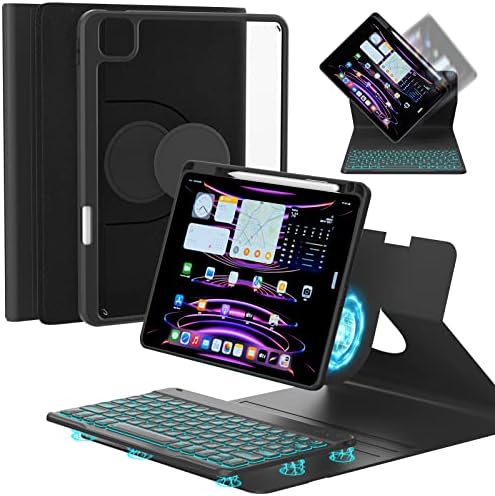 OYEEICE Калъф за iPad на 10-то поколение с клавиатура, Магнитен калъф за клавиатура на iPad 360 ° със 7-цветна подсветка, Вграден държач за