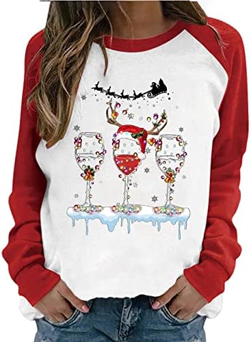 Дамски hoody с кръгло деколте, Модерен Коледен Пуловер с Дълги ръкави за Нова Година 2023, Цветен Блок, Led Чаши за Вино, Блуза С Принтом