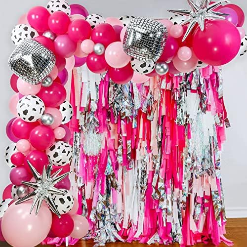 Арка от Балони за Дискотека-Пастушки, Венец, Розово, Розово-Червени Сребърни балони с диско топки, Балони за момичета в стил
