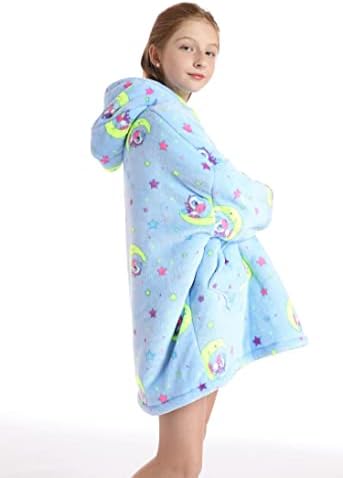 Одеало Hoody с качулка за деца от 4 до 12 години Уютна Фланелевая Носен Hoody Голям размер С качулка Одеяло с Джобове и ръкави