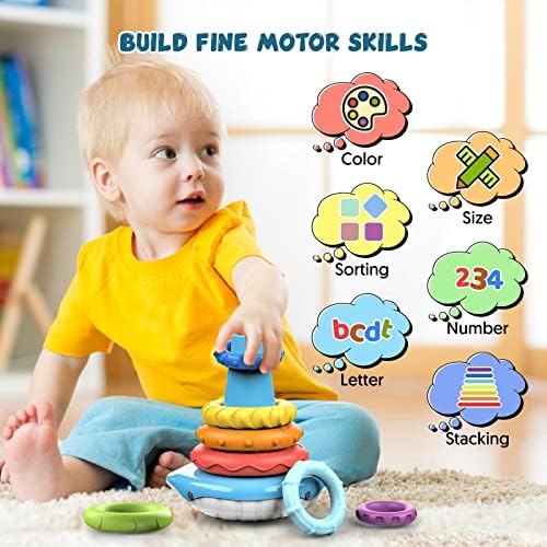 Детски Сетивни Монтесори Играчки за момче на 1 година, Сглобяеми Играчки за деца от 1-3 години, с Преливащи се цветове Сгъваеми Пръстени, Играчка със звуци, детски Игр