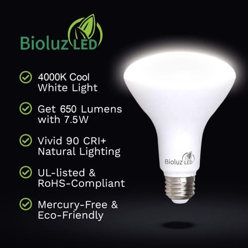 Bioluz LED 20 Pack 90 CRI BR30 Led лампа с регулируема яркост, 65 W Замяна 7,5 W = 65 W 650 Лумена, 4000K Студен бял Прожектор за стая
