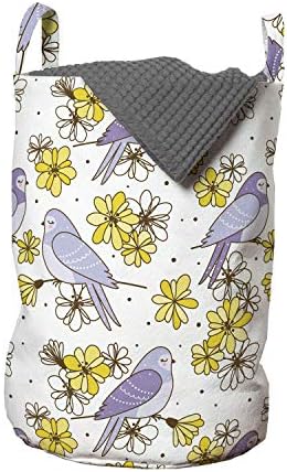 Пролетно чанта за дрехи Ambesonne, Карикатура Птици-лястовици, седящи в клоните на цветя Сезон на щастието, Кошница за дрехи с дръжки,