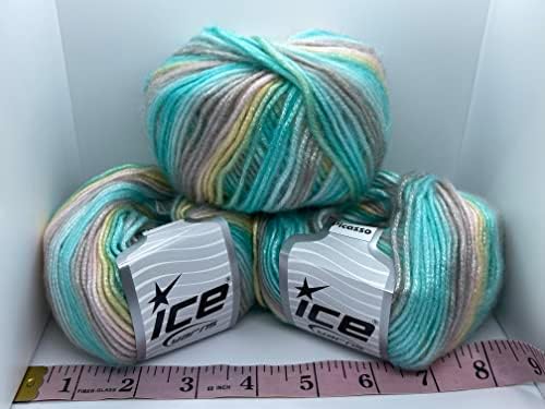 Ice Yarns Picasso 3 опаковки - Плажен ден - Мятно-зелено, Бежово-кафява, под формата на миди, Жълта прежда, Пухкав, с фин блясък,