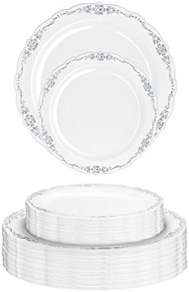 Набор от пластмасови празнични чинии Робин Blue & Gold 80 бр. - 40 големи заведения за хранене чинии 10,25 инча - 40 малки 7,5 инча. Маруля
