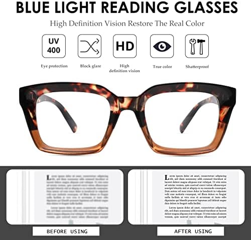 NULOOQ, 2 опаковки на Стилни женски Очила за четене, Квадратни Очила в стил Опра, Блокиране на Синята Светлина, за жени, 1,5 2,0