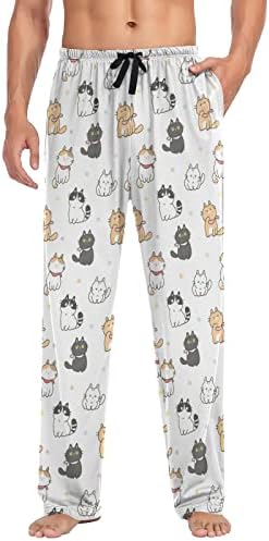 Пижамные Панталони с Кошачьим Цвете, Мъжки Панталони за почивка, Леки Мъжки Пижамные Панталони с Завязками и Джобове, Размер S