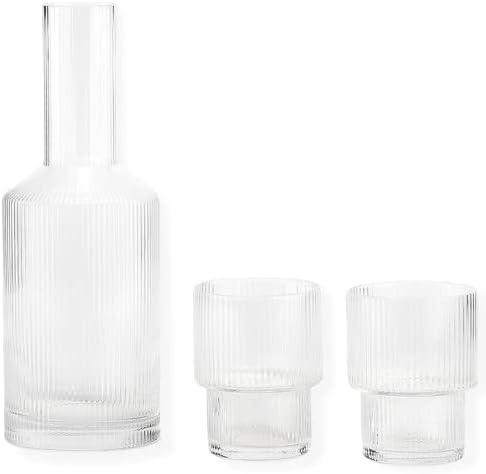 Нощни Гарафа за вода FERAHI, Оребрена стъклена посуда, Гарафа за вода със Стъклена чаша за нощни шкафчета, Стъклена гарафа