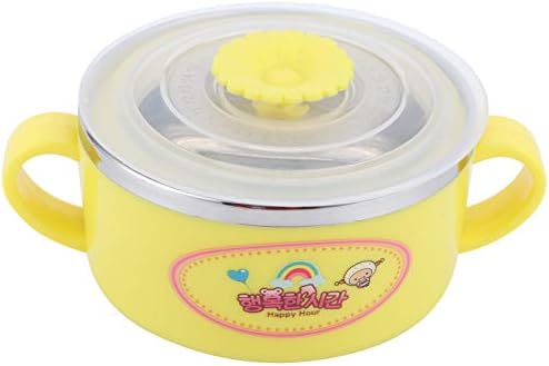 URRNDD, детски купа, двупластова мультяшная купа за хранене на ориз от неръждаема стомана 304 с капак съдове (жълт)