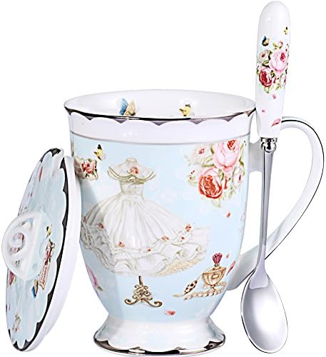 ДОМАШНА Чаена Чаша с Капак и лъжица, Чаена Чаша от Кралския фин Костен Порцелан, 330 мл, Светло Синьо Чаени чаши