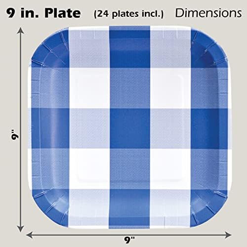 9-инчови плочи в бяло-синята клетка Havercamp (24 бр.)! 24 Квадратни, Тежкотоварни Хартиени чинии с красиво отпечатани подробности.