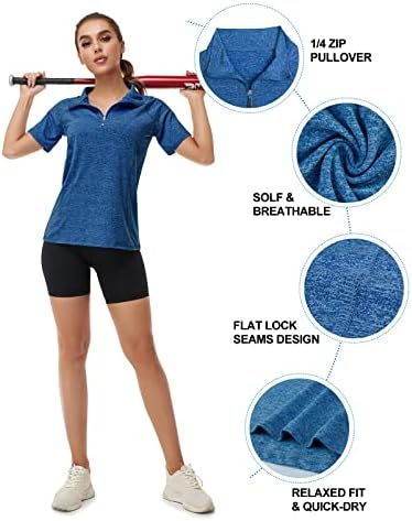 Koscacy Дамски Ризи Поло Четвърт цип С Къс ръкав, бързо съхнещи Спортни Блузи за Голф и Тенис на маса (S-2XL)