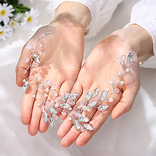 GORAIS Crystal Bride Сватбени лоза за коса Silver прическа от планински кристал, Перли, аксесоари за коса, за жени и момичета