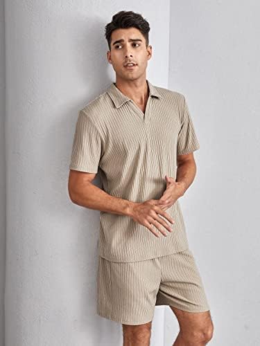 FIOXA Комплект дрехи от две части за мъже, однотонная Риза с къси ръкави и къси Панталони, Комплект (Цвят: каки, Размер: Малък)