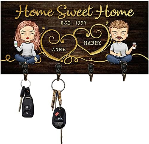 Pawfect House Home Sweet Home - Персонални Закачалка за ключове, Държач за ключове - Подарък за двойки Мъж Жена 4-5 Куки за ключове Дървена