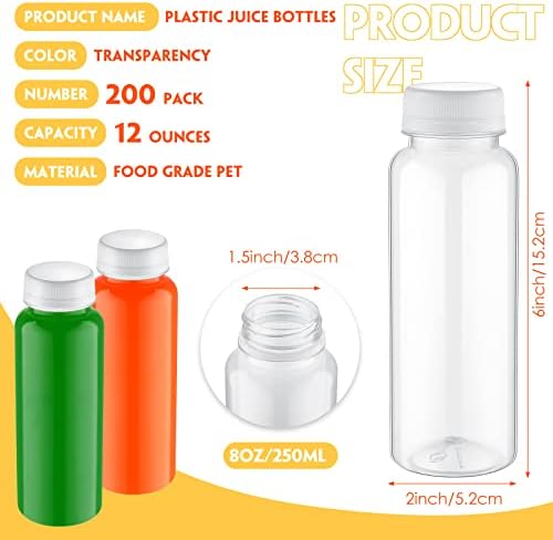 Tanlade 200 Опаковки, Пластмасови Бутилки за сок с капак за Многократна употреба Прозрачни Контейнери за напитки с капаци Празни