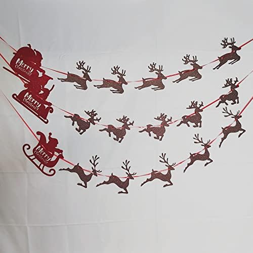 Червен Висящ Банер с Дядо Коледа и Лосем за Украса на Коледното парти, Банер от Зебло, Коледни Висящи Украшения за Коледното