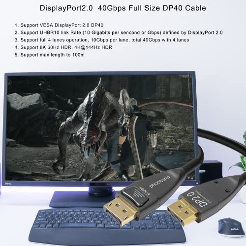 Оптичен кабел DisplayPort 2.0, 40 Gbit/s, DP2.0, 8K @ 60Hz HDR, 4K @ 144Hz HDR1080P @ 240 Hz, UHBR10, 33 фута, съвместим с графичен процесор